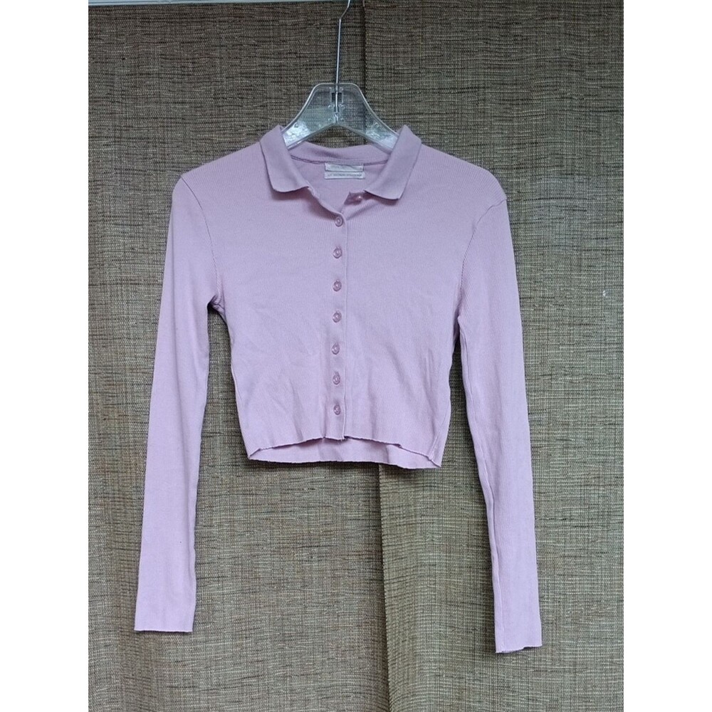Urban Outfitters Light Pink Ribbed Long-Sleeve Crop Polo Cardi Top